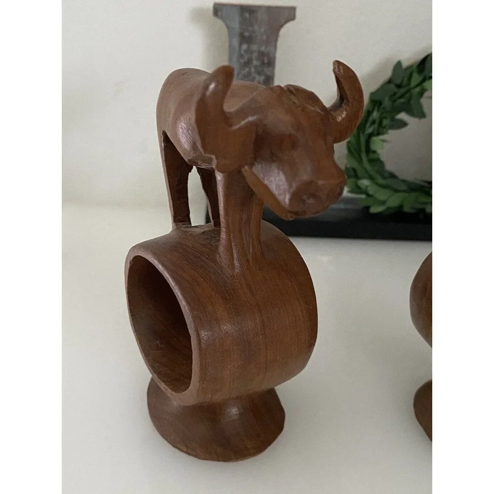 Set of 4 Hand Carved Napkin Rings African Safari Jungle Animal Teak Wood Vintage
